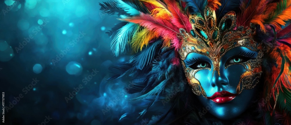 Poster mysterious blue venetian mask with colorful feathers and bokeh background