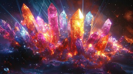Glowing crystal cluster on dark terrain under colorful light beams in space