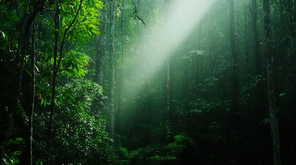 Fototapeta premium Morning Fog in Dense Forest with Low-Hanging Mist and Soft Light Beams