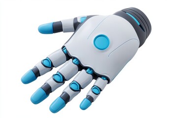 3D Render of Cartoon-Style Robot Hand on White Background. Simple Design with Cute Blue Details.