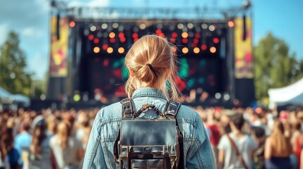 Obraz premium Person Enjoying Outdoor Concert from Back View with Crowd of People in Background Surrounded by Beautiful Nature and Colorful Stage Lights
