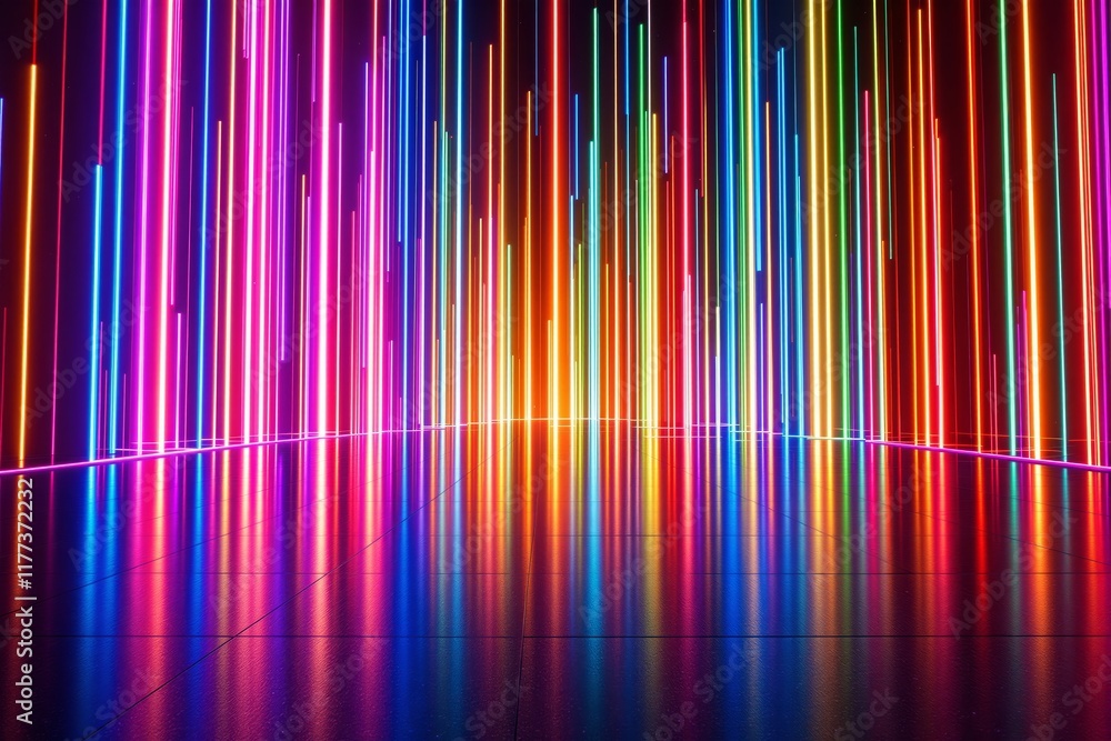 Poster multicolored neon light streaks creating a vibrant display, reflecting on a glossy floor in an abstr