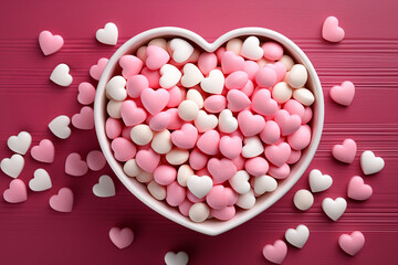 Petits cœurs roses et blancs en bonbons dans un bol en forme de cœur sur fond rose, composition gourmande et joyeuse pour Saint Valentin ou fête romantique