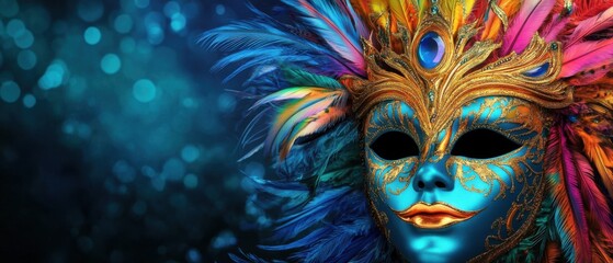 Magnificent Venetian Carnival Mask with Colorful Feathers and Gold Accents