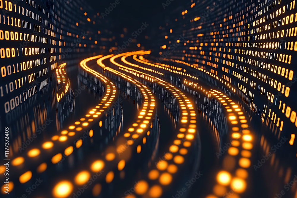 Poster illuminated binary code paths flowing through digital space