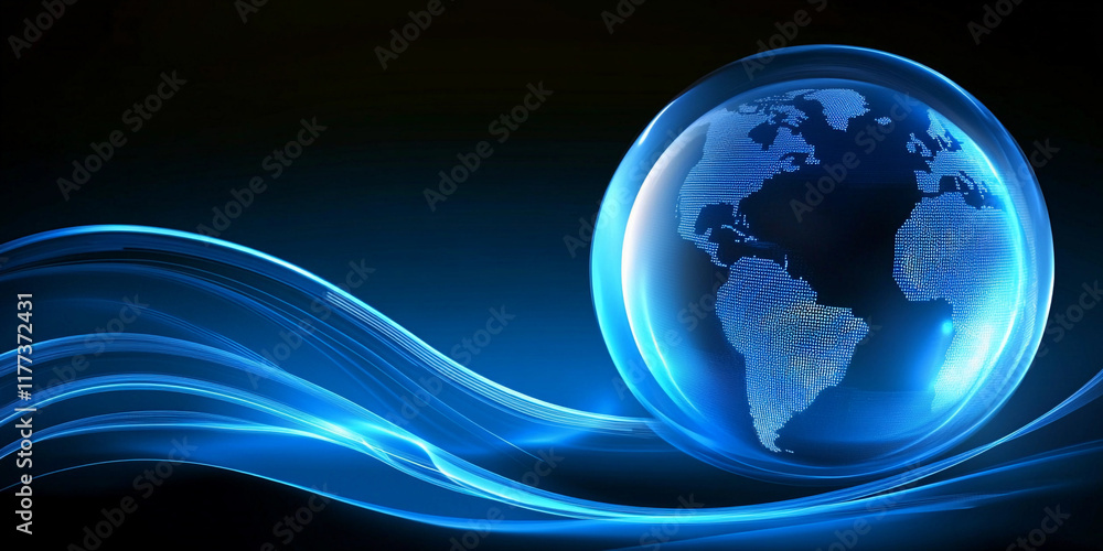 Poster digital globe with flowing blue light patterns on dark background