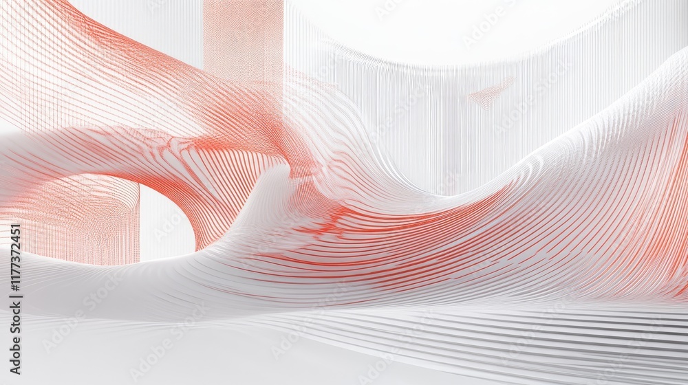 Poster a tech-inspired abstract composition of red and white flowing lines on a clean white canvas.
