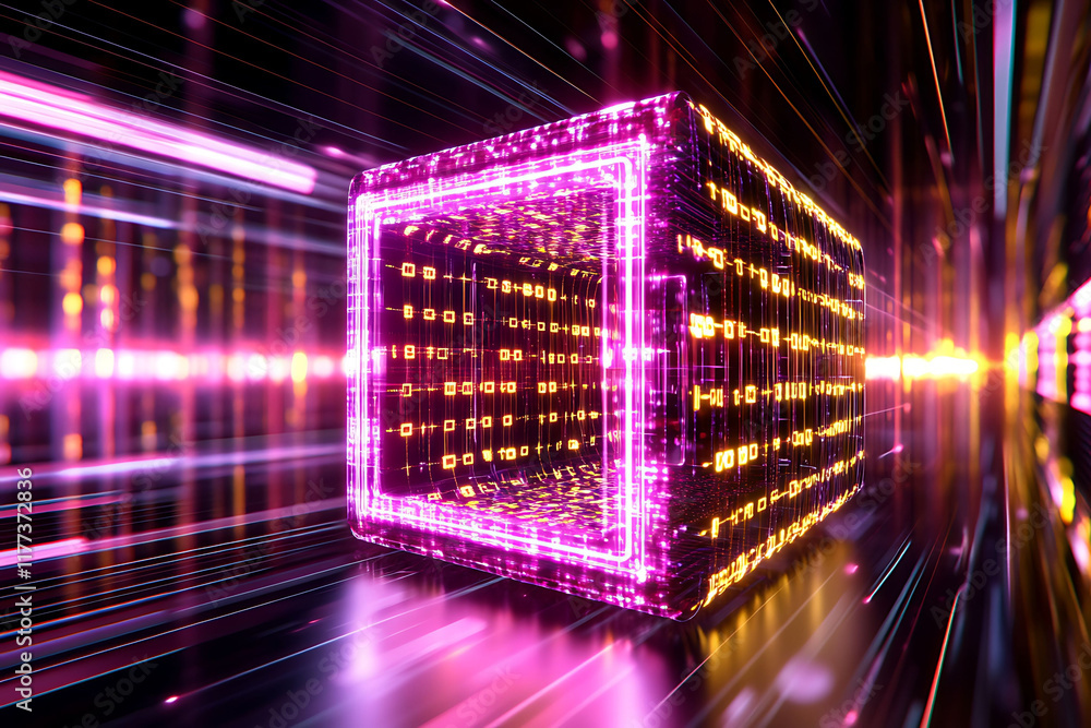 Fototapete Glowing Cube Data Stream Abstract Digital Art