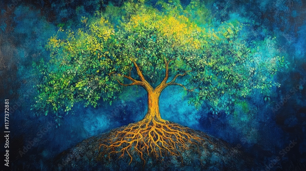 Poster a vibrant tree of life with lush branches and intricate roots connecting to a textured earth.