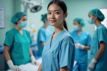 In a hospital, a nurse diligently organizes medical materials as her colleague provides support to a patient during a busy shift.