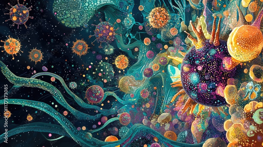 Poster a visual array of microbes and viruses, designed to depict the intricate nature of pathogen cells.