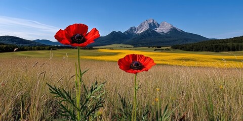 Vibrant Red Poppies in Golden Meadow with Majestic Mountain Under Clear Blue Sky