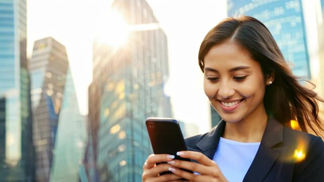 A smiling Asian businesswoman with a smartphone in the center of the city's business district. A joyful businesswoman spreads positivity while navigating the busy district.