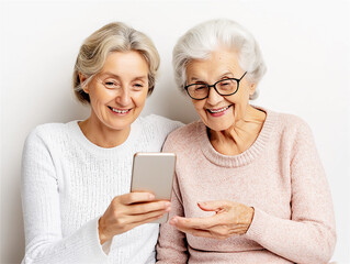 An older woman and a younger woman share a joyful moment, looking at a smartphone together. The image emphasizes family bonding and technology use across generations.