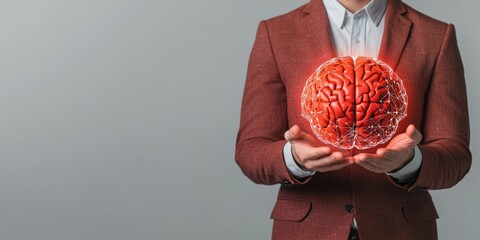 A person in a suit holds a glowing brain, symbolizing intelligence, creativity, and innovation against a neutral background.