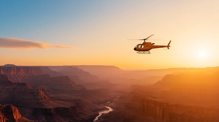 Fototapeta na wymiar Helicopter Soaring Above Dramatic Canyon at Sunset
