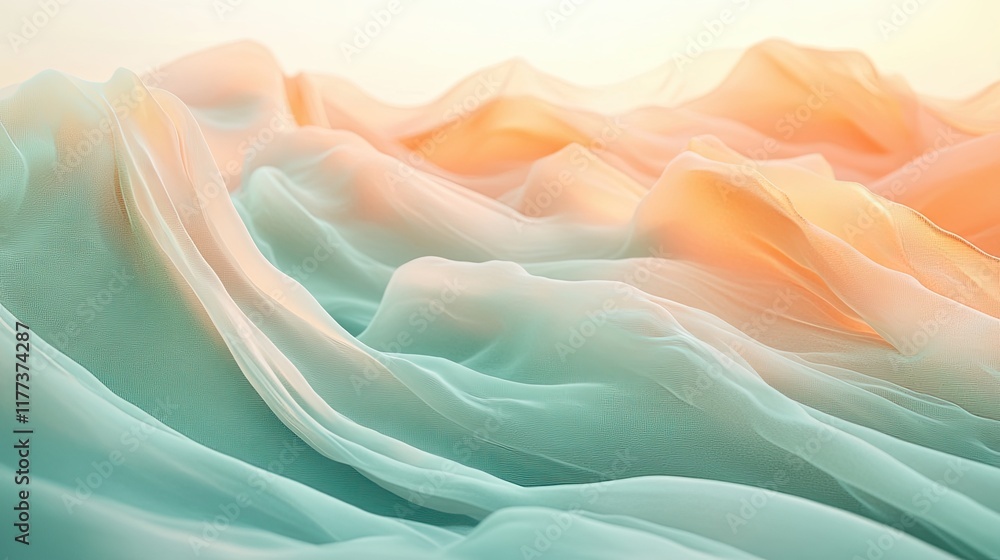 Poster waves of soft fabric in pastel colors create a serene and calming effect in a gentle light setting