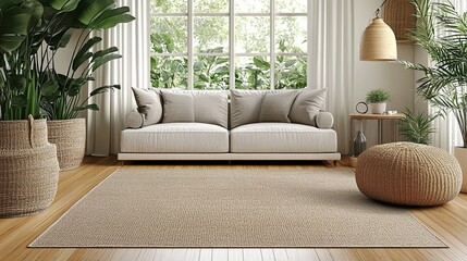 Obraz premium Cozy living room with a comfortable sofa, natural decor, and bright sunlight streaming through large windows