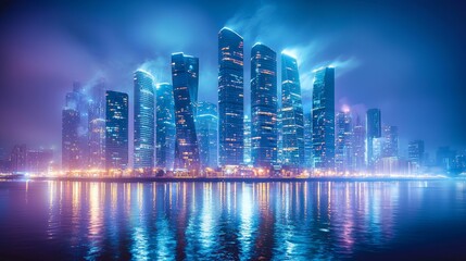 Fototapeta premium Glowing city lights of towering skyscrapers at night, gently blurring into a shimmering sky, evoking the energy and calmness of urban life. Urban nightscape, twinkling lights, blurred city