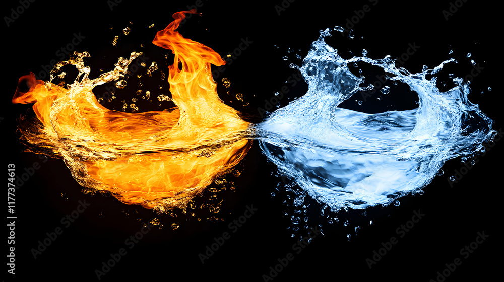 Poster fiery orange flames and cool blue water collide in a dynamic splash, creating a visually striking ab