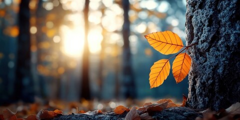 Beautiful Autumn Leaves on Tree Bark in Sunlight with Blurred Forest Background