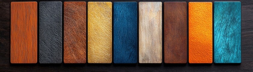 Fototapeta premium Colorful Wood Samples Displayed in a Row for Design and Texture Inspiration