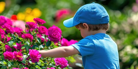 Child Exploring Colorful Roses in a Vibrant Garden on a Sunny Day