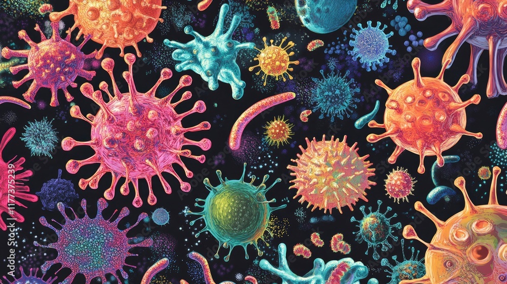 Poster an artistic representation of different infection-causing microbes, emphasizing their diversity in c