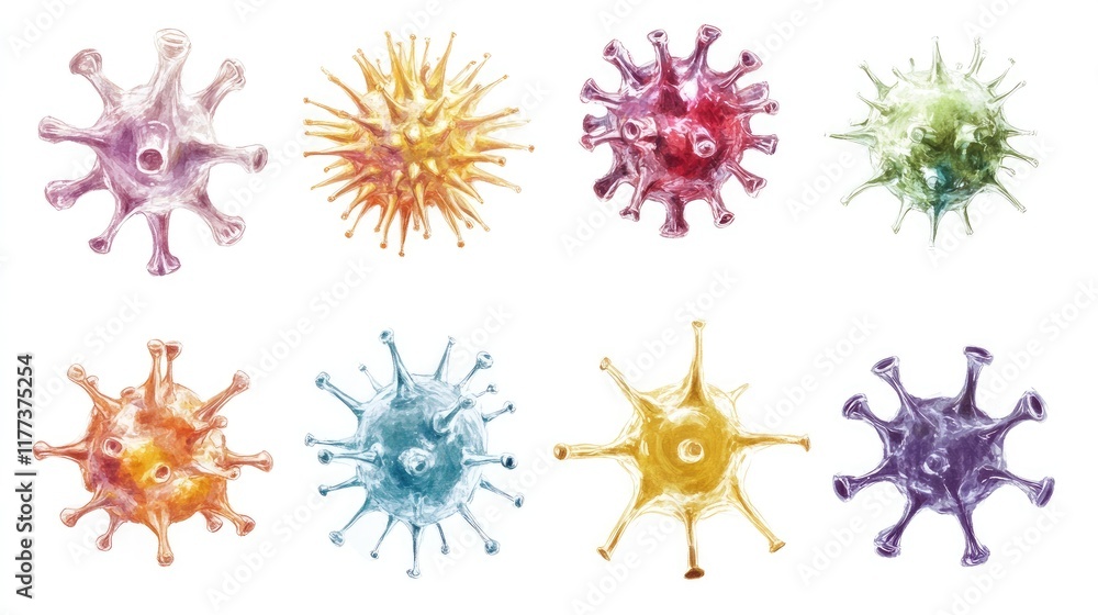 Poster an artistic representation of different infection-causing microbes, emphasizing their diversity in c