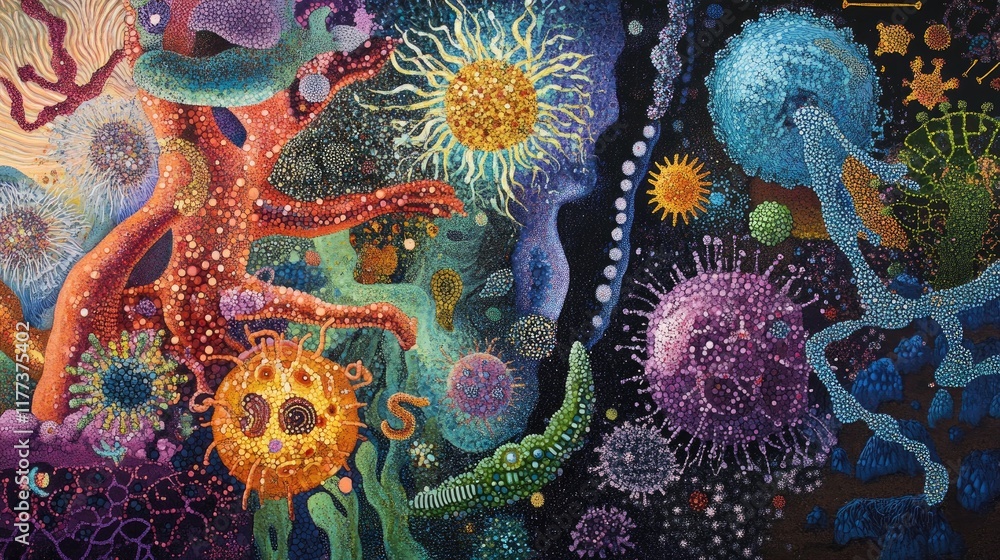 Poster an artistic representation of different infection-causing microbes, emphasizing their diversity in c