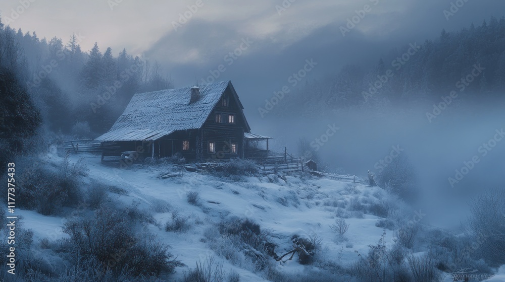 Poster a serene winter scene featuring a rustic cabin surrounded by snow and misty mountains.