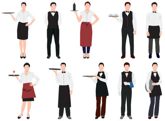 set professional waiter and waitress. Men and women restaurant staff in uniform. 