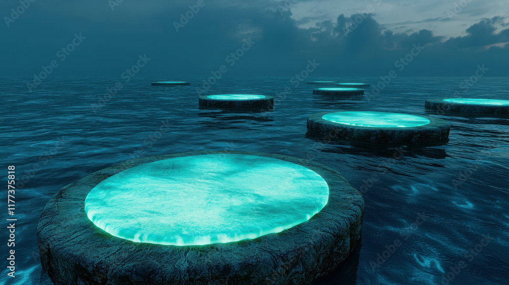 Poster massive translucent jellyfish floating on calm waters in an ethereal archipelago scene