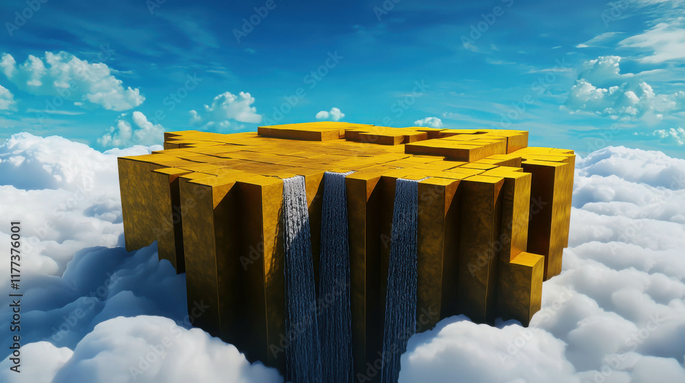 Poster geometric floating island above clouds with golden structure in vibrant sky