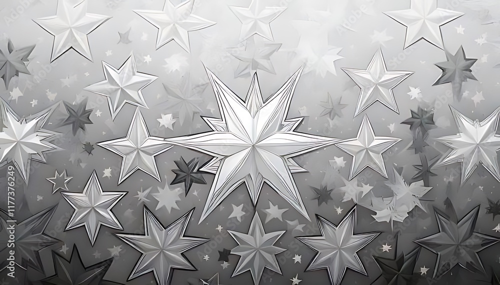 Poster a grayscale abstract design with layered, star-shaped elements of varying sizes and orientations on 