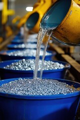 Industrial Water Flowing into Metal Pellets in Blue Basins: A Close-Up View of a Manufacturing Process