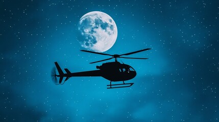 Silhouetted Helicopter Against Supermoon and Starry Night Sky