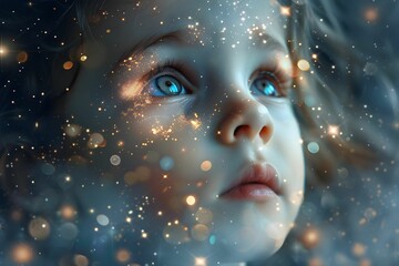Child gazing at cosmic stars with wonder and curiosity during a dreamy moment, 婴儿