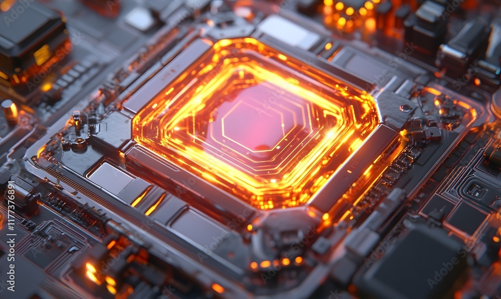 Poster close-up of glowing central processing unit on circuit board.