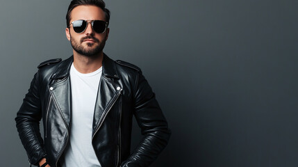 Fototapeta premium A stylish man in a vintage leather jacket and sunglasses, posing confidently against a bright gray background, with ample copy space on the right.