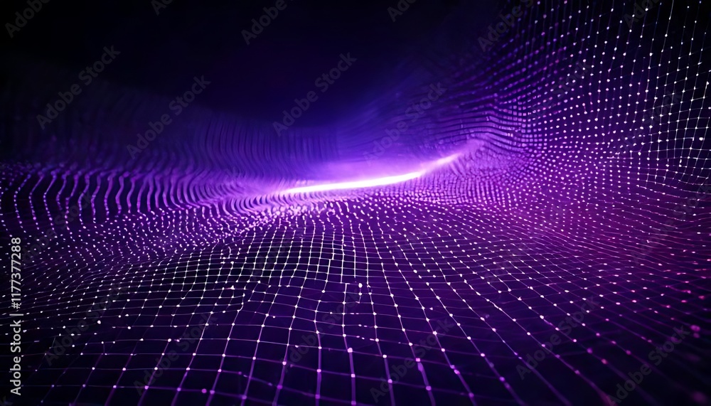 Poster a purple, wavy mesh structure is illuminated, creating a three-dimensional effect