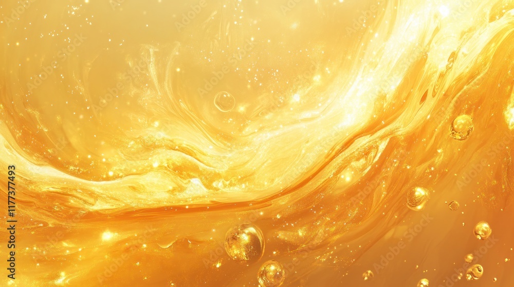 Aufkleber A shimmering golden abstract background with bubbles and flowing textures.