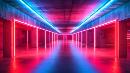 Neon-lit, futuristic cityscape backdrop with vibrant hues of blue, red, and pink. Fog-filled, empty room creates a mysterious and atmospheric scene reminiscent of cyberpunk aesthetics. Ideal for sci-f