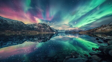 Naklejka premium An enchanting aurora mirrored on the calm mountain lake, with vibrant green and magenta hues lighting the night sky. The rocky terrain is gently illuminated by the aurora's glow