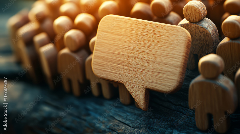 Aufkleber crowd of wooden figures with empty speech bubble on a rustic wooden surface