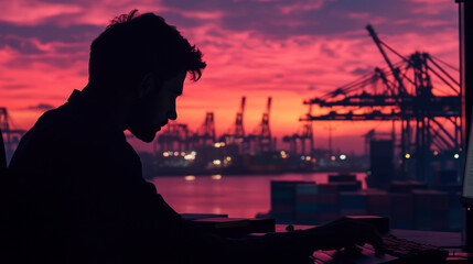 silhouette of man working at computer during sunset, with shipping containers and cranes in background, creating serene yet industrious atmosphere