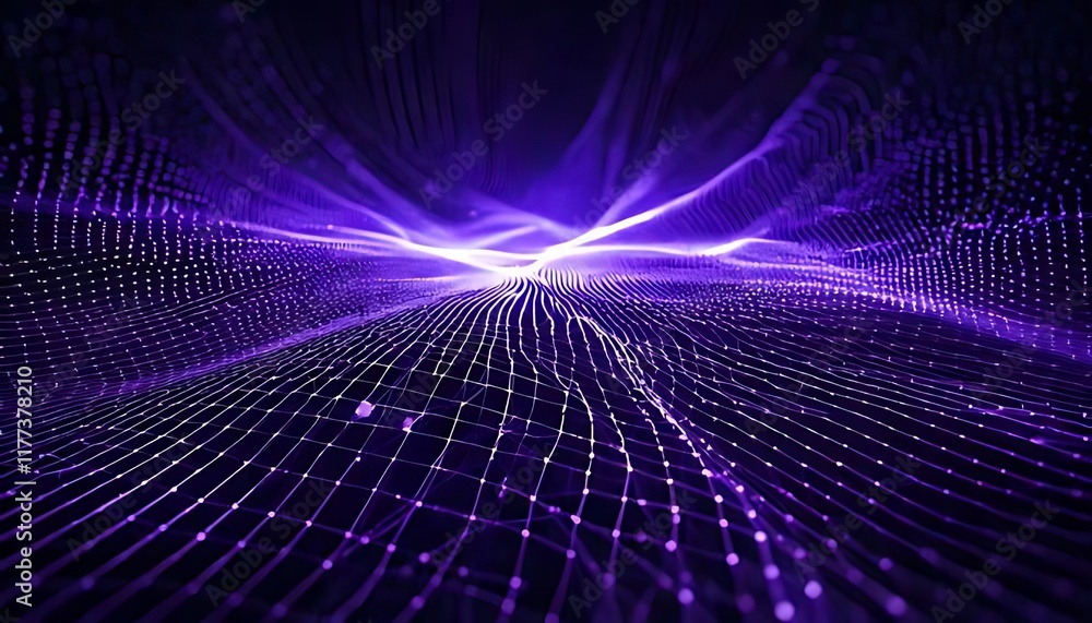 Poster a three-dimensional, purple network of points and lines forms a landscape