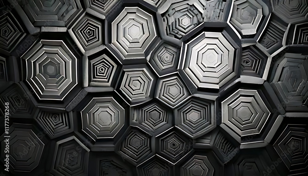 Poster a tessellated pattern of nested, dark gray octagons creates a complex, dimensional surface