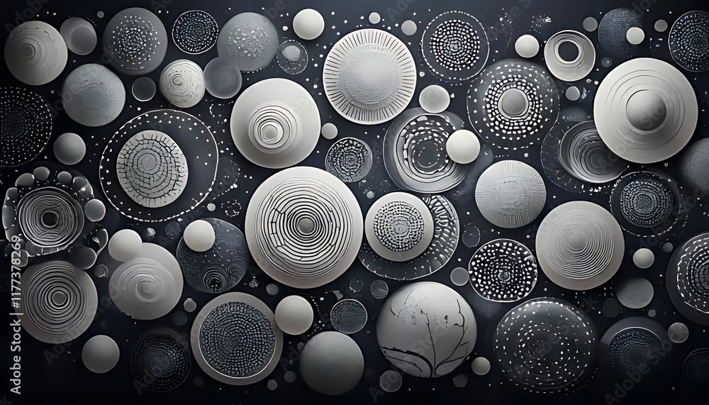 Poster a variety of textured circular shapes create an abstract, grayscale pattern on dark