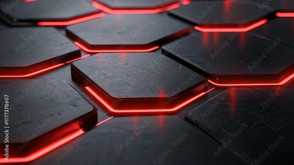 Poster glowing hexagonal pattern on black metallic surface with red neon accents